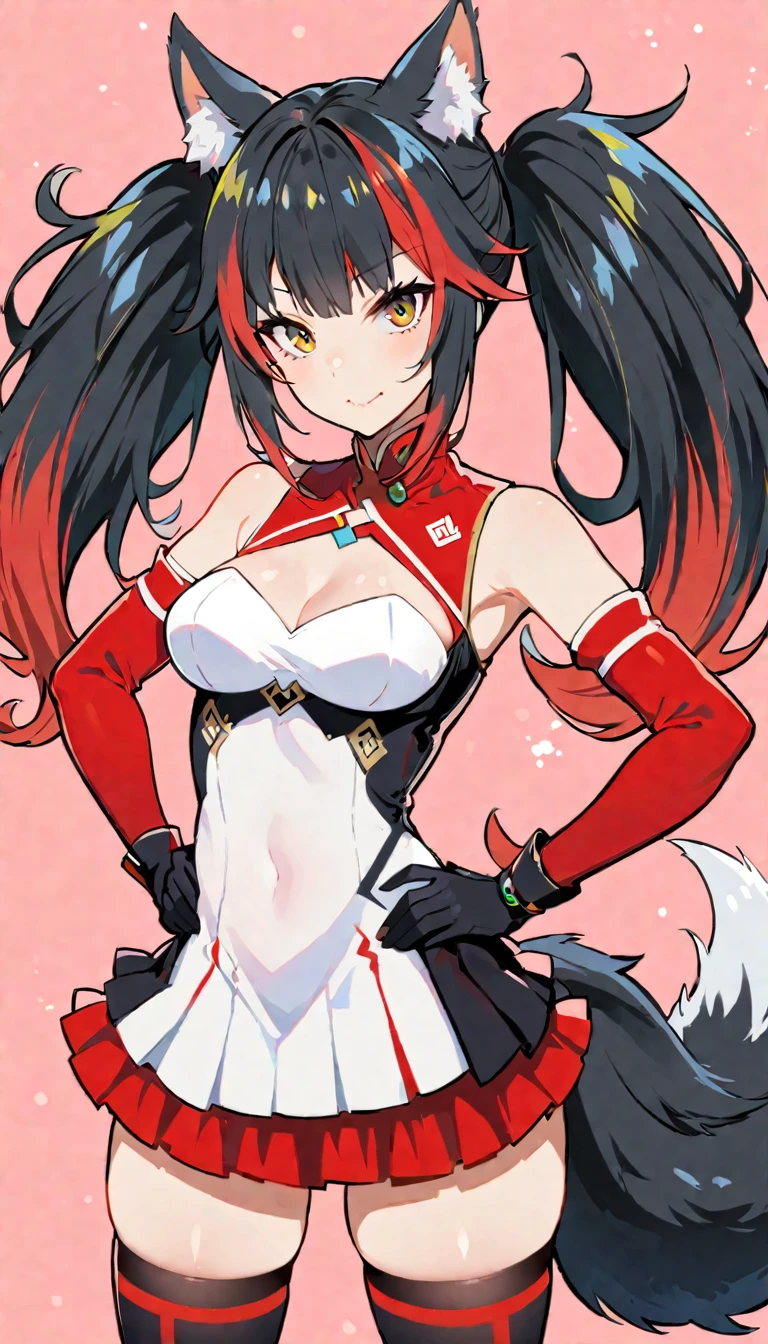 a woman that is dressed in outfits for a cosplay shoot and she is drawn, 1girl, animal ears, solo, tail, black hair, thighhighs, multicolored hair, red hair, skindentation, looking at viewer, wolf ears, hands on hips, gloves, wolf tail, long hair