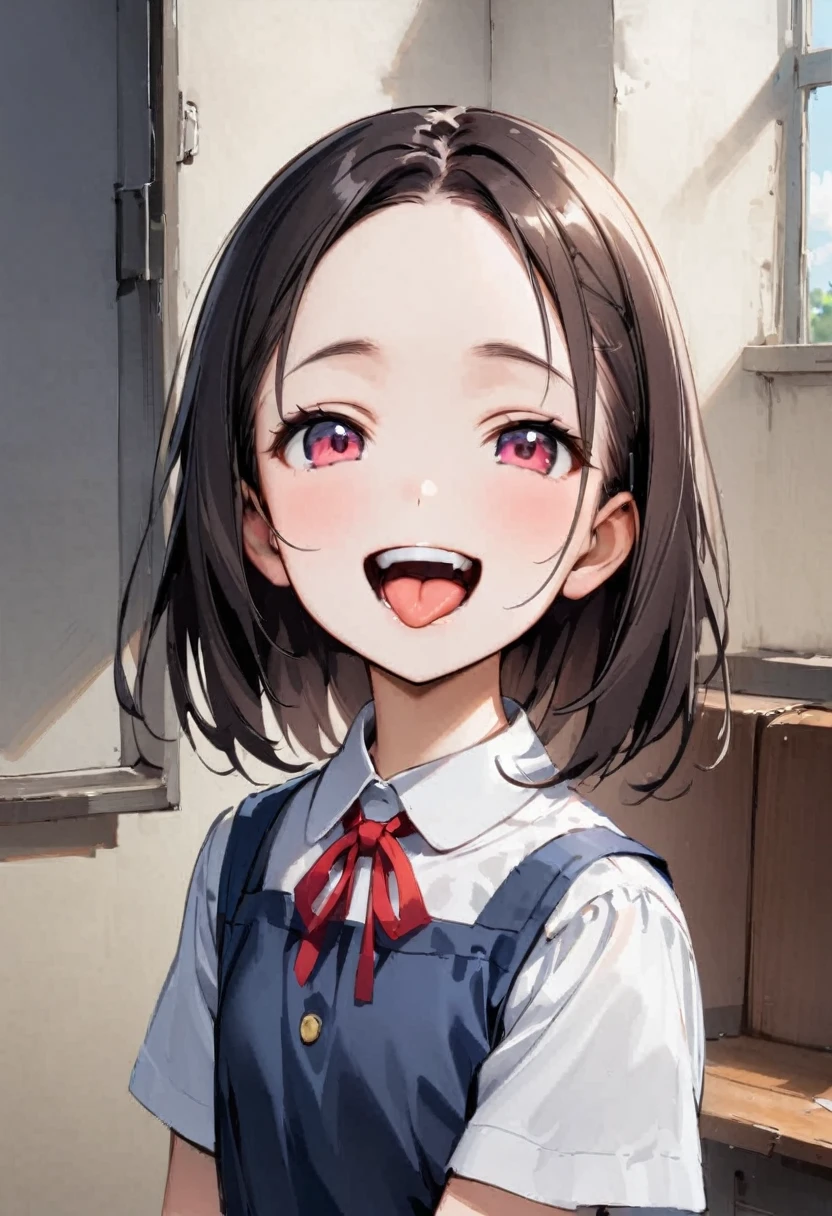 alone、headshot、Sticking out tongue、Open your mouth、teeth、Close-up of face、primary school、School building、In the classroom、forehead、shoulder cut tops、Private Server、Girl、Girl、Short、Younger、Lower school year、Baby Face、flat chest、smile