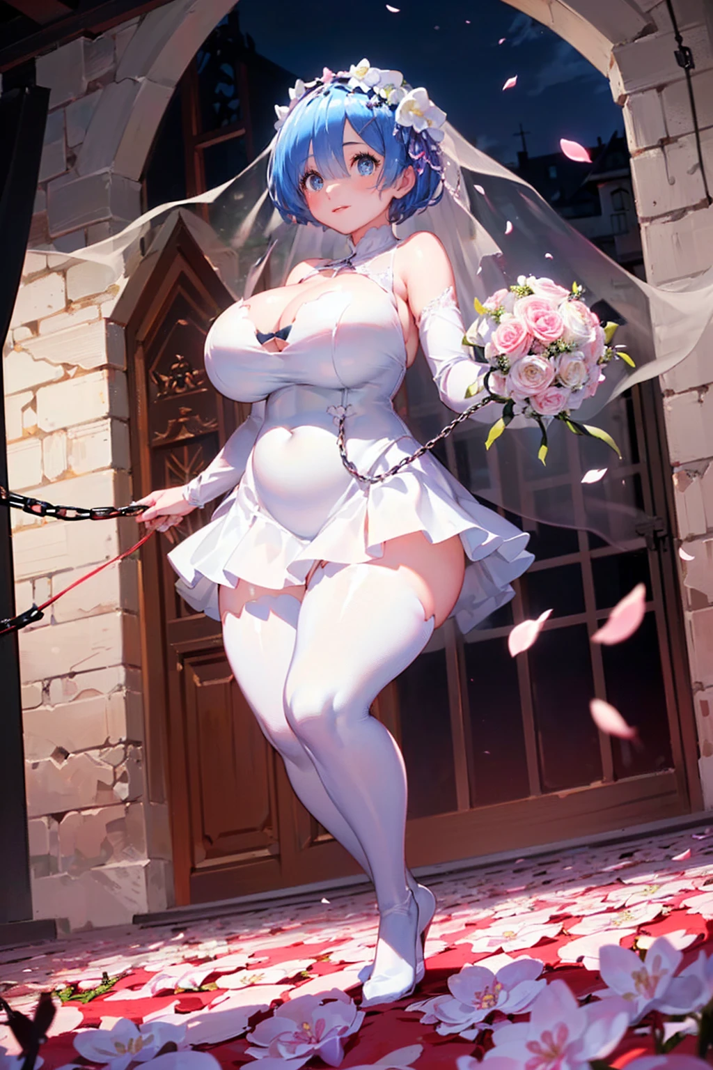 (((((Clothes are torn and breasts are visible))))),(((Tied to chains))),Short Hairstyles、Full moon night、Cherry Blossoms at Night、((((wedding)))),bride、((Church stained glass))、((Long skirt))、pipe organ、((Reaching out))、((((Throwing bouquets))))、(((((((Pure white wedding dress)))))))、(((((Wedding dress ripped to shreds))))),(((((Fisheye Lens)))))、((Super huge breasts))、(((Plump thighs)))、(((Rem from Re:Zero)))、looking at the camera、High qualityHigh quality、8ｋ、(((((Full body description)))))、Chest、Fantastic、looking at the cameraで、(((Cherry blossoms fluttering down)))、Red carpet、Very tall、((Torn knee-high socks))