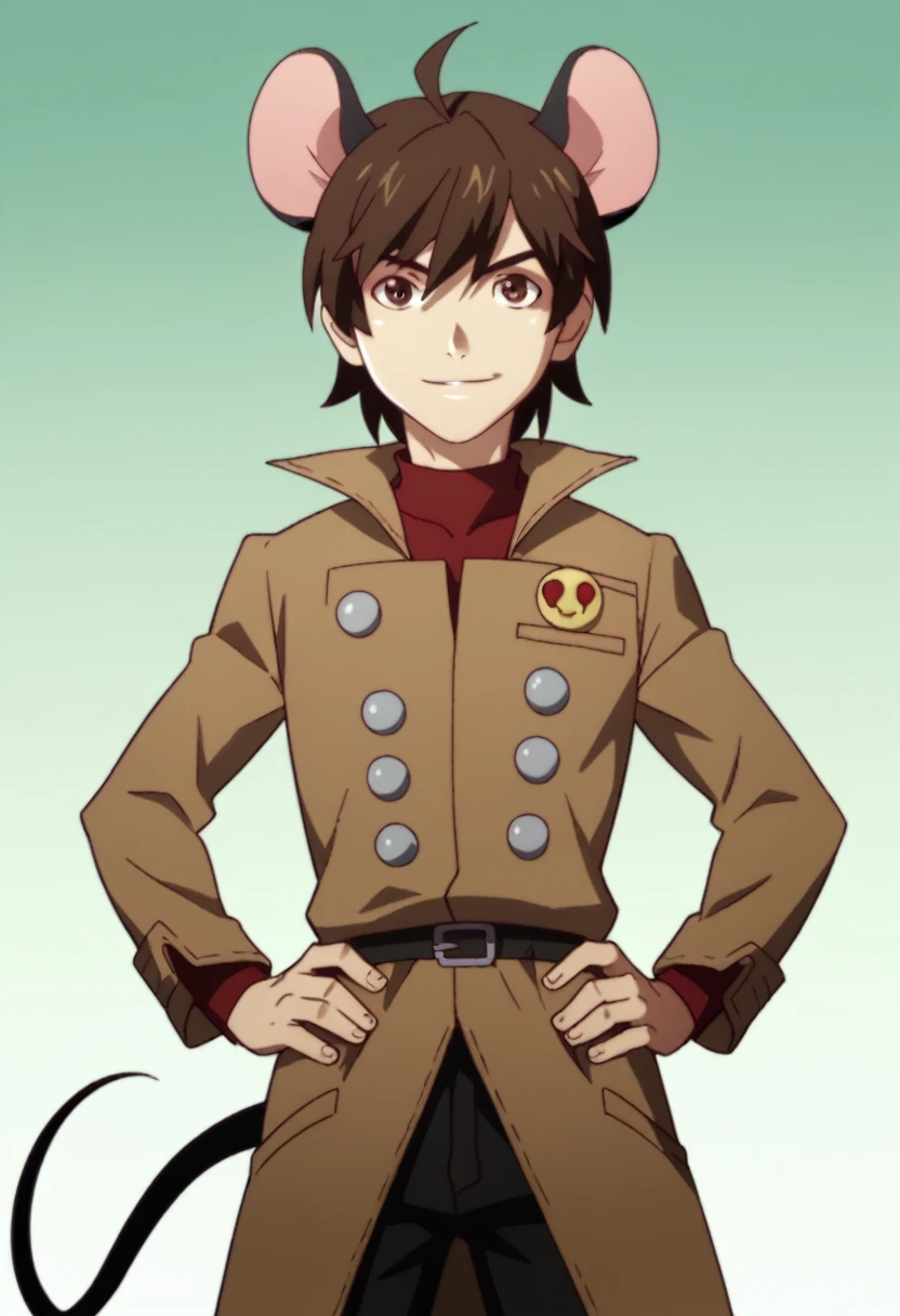 1boy, solo, kemonomimi, Mouse boy, mouse ears, mouse tail, chin length brown hair, brown eyes, young, short, hands on hips, 1840s era clothing, tattered clothing, Frock coat, red cravat, smirking, fair-skinned, looking up at viewer, forest background