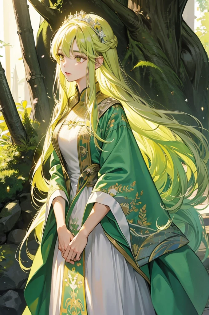 A mature and calm lady wearing a dress with a fir tree motif.、solo、Mouth open、Yellow-green long hair、Yellow Eyes、anime