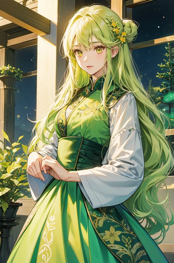 A mature and calm lady wearing a dress with a fir tree motif.、solo、Mouth open、Yellow-green long hair、Yellow Eyes、anime