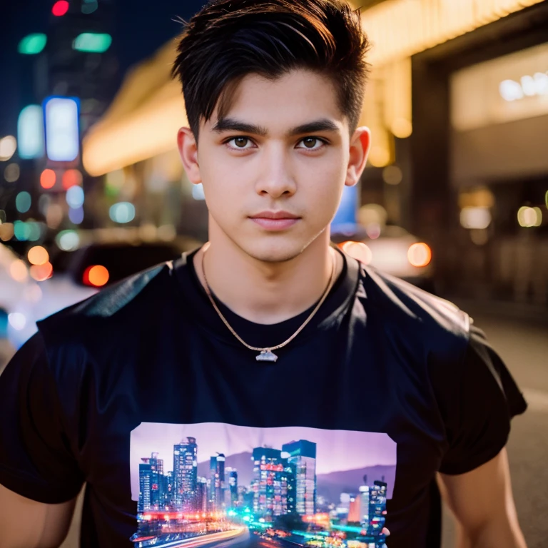Aarav man, 25 years old, short black haircut, standing in the middle of the road., Hero Moves, standing next to car, Nissan 350z middle shot, The promotion is still on., The promotion is still on., Zach Retz, Shot with canon eos r5, Shot with canon eos r5, moody movie lighting, Rafael Pernaz, Photo Editor, Alexander Rostov, Still from Riverdale, Portrait 8 k, cyberpunk noir, ultra realistic, neon, photography model, raw image, dsrl, neon signs, purple, light blue, red