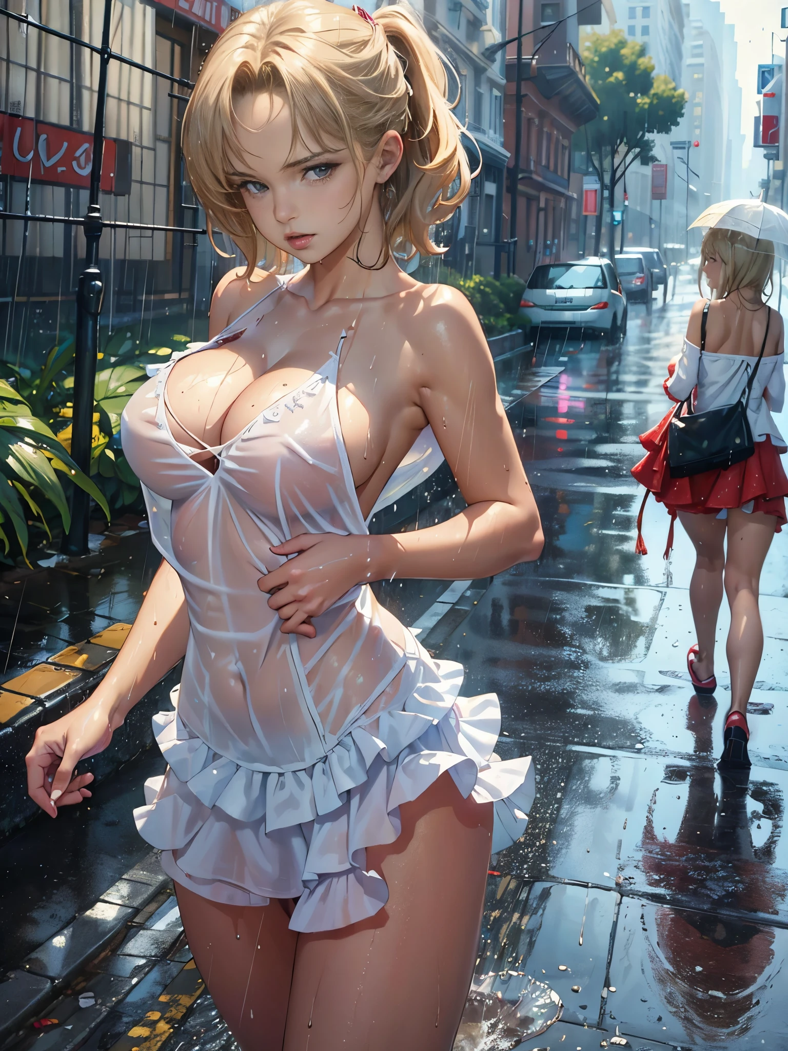 ((Best Quality, 8k, Masterpiece:1.3)), Focus:1.2, Perfect Body Beauty:1.4, Buttocks:1.2, ((Layered Haircut, Breasts:1.2)), (Wet Clothes:1.1) , (Rain, Street:1.3), Bandeau Dress: 1.1, Highly Detailed Face and Skin Texture, Fine Eyes, Double Eyelids, Whitened Skin, Long Hair, (Shut Up: 1.3),  renatadaninsky 