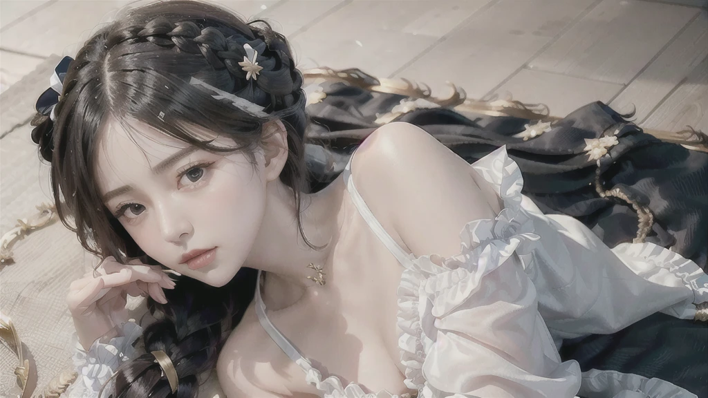 Highest quality, Ultra Nothing, Realistic, Beautiful Woman Photos, 20th Generation, Detailed face, Black Messy Fishtail Braid, (Exquisite porcelain doll,Delicate clothing with lots of frills and ribbons), Photoshoot on the starry beach, (Close-up from  up), Captivating look, View your viewers