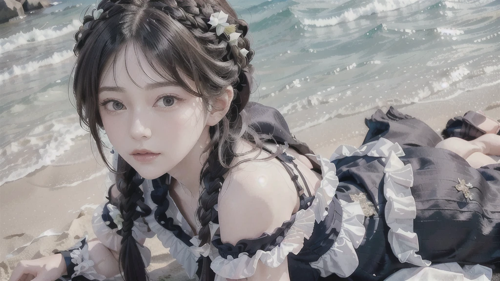 Highest quality, Ultra Nothing, Realistic, Beautiful Woman Photos, 20th Generation, Detailed face, Black Messy Fishtail Braid, (Exquisite porcelain doll,Delicate clothing with lots of frills and ribbons), Photoshoot on the starry beach, (Close-up from chest up), Captivating look, View your viewers