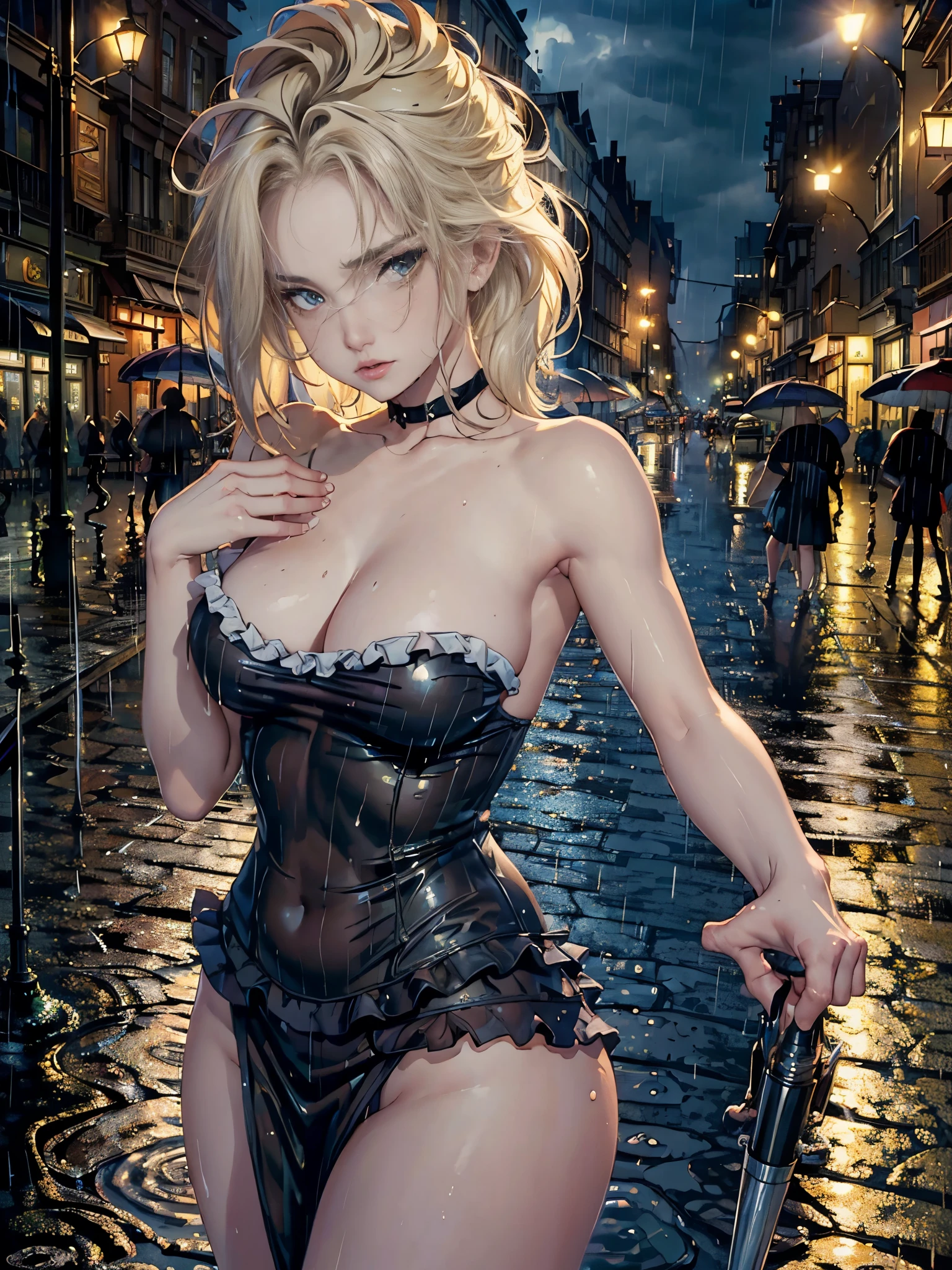 ((Best Quality, 8k, Masterpiece:1.3)), Focus:1.2, Perfect Body Beauty:1.4, Buttocks:1.2, ((Layered Haircut, Breasts:1.2)), (Wet Clothes:1.1) , (Rain, Street:1.3), Bandeau Dress: 1.1, Highly Detailed Face and Skin Texture, Fine Eyes, Double Eyelids, Whitened Skin, Long Hair, (Shut Up: 1.3), liz.ashley