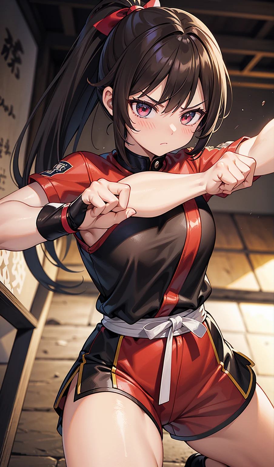 Human Woman、Serious expression、Underground Fighting Arena、Martial Arts Ring、Dark brown ponytail、Fighter、Uplifting、Shorts、Colorful fighting costume、Fighting Pose