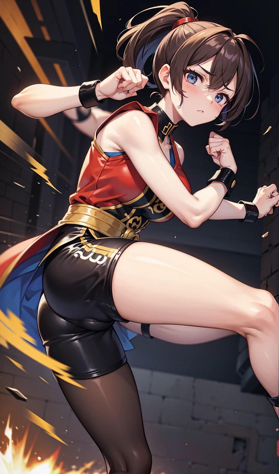 Human Woman、Serious expression、Underground Fighting Arena、Martial Arts Ring、Dark brown ponytail、Fighter、Uplifting、Shorts、Colorful fighting costume、Fighting Pose