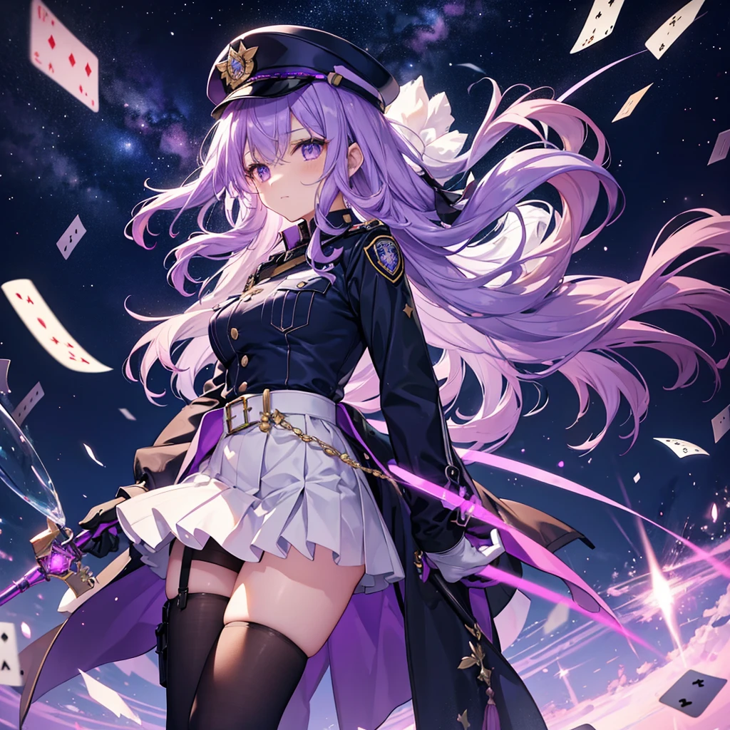 ((Fantasy Purple Hair Long Hair Purple eyes Female police officer star badge policeman's cap Chest Opening Lonely despair)) ((Spade playing card Broken glass gloves milky way)) (comet moon) Catch the wind autumn Glowing purple background Particles of light, Shining Edges Low Angle