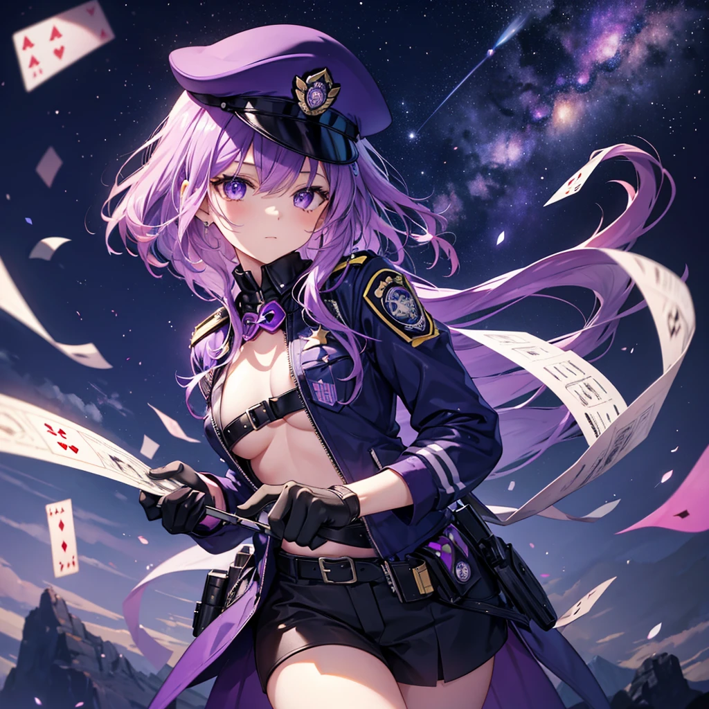((Fantasy Purple Hair Long Hair Purple eyes Female police officer star badge policeman's cap Chest Opening Lonely despair)) ((Spade playing card Broken glass gloves milky way)) (comet moon) Catch the wind autumn Glowing purple background Particles of light, Shining Edges Low Angle