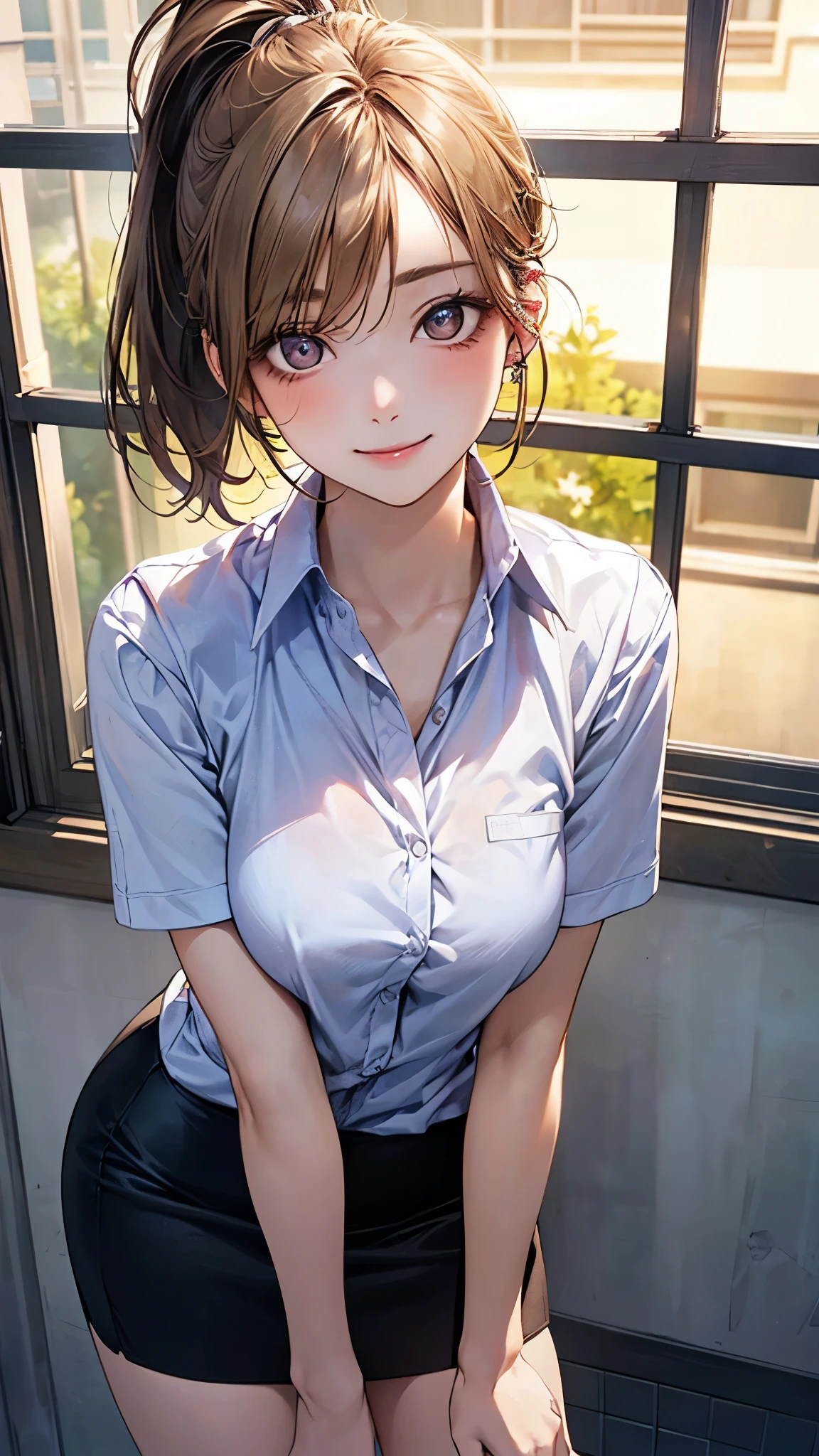 (masterpiece:1.2, top-quality), (realistic, photorealistic:1.4), beautiful illustration, (natural side lighting, movie lighting), 
looking at viewer, (breast focus), (from above:1.1), close up, 1 woman, japanese, 20 years old, high school teacher, perfect face, cute and symmetrical face, shiny skin, babyface, 
(short hair, ponytail, ash blonde hair), parted bangs:0.2, gold eyes, drooping eyes, big eyes, (middle breasts, seductive thighs, big ass), piercings, 
beautiful hair, beautiful face, beautiful detailed eyes, beautiful clavicle, beautiful body, beautiful chest, beautiful thigh, beautiful legs, beautiful fingers, 
(black tight skirt, short sleeve white collared shirt), 
(beautiful scenery), summer, evening, (office:1.2), standing, leaning forward, (lovely smile, upper eyes),