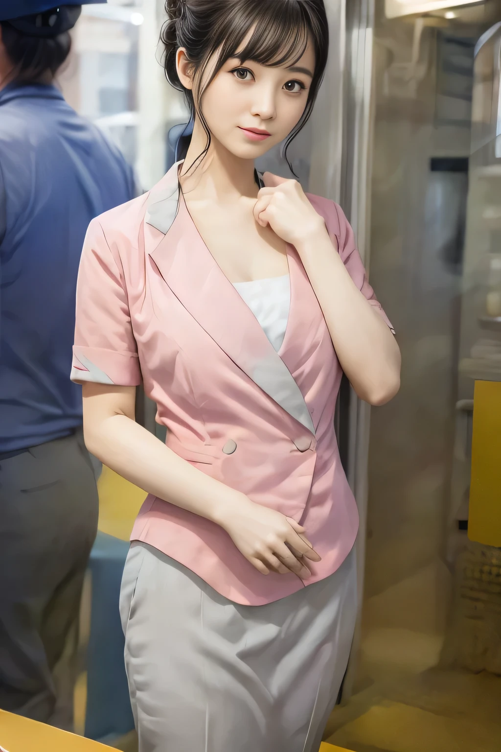 (masterpiece:1.2, Highest quality:1.2), 32k HDR, High resolution, (alone、1 girl)、(On the rooftop of a building in the daytime、Professional Lighting)、Building rooftop background、(Nankai train crew uniform pinkを着たリアルスタイル)、(Nankai train crew uniform pink short sleeve collarless pink jacket、Nankai Train Crew Uniform Pink Collarless Short Sleeve Blouse、Nankai Train Crew Uniform Pink Grey Knee-length Culottes)、((The bottom of the pink short-sleeved jacket cannot be tucked into the clay-colored culottes.))、Dark brown hair、(Hair tied up、Hair Bun、Hair Bun)、Dark brown hair、Long Shot、Big Breasts、Thin legs、((Great hands:2.0)),((Harmonious body proportions:1.5)),((Normal limbs:2.0)),((Normal finger:2.0)),((Delicate eyes:2.0)),((Normal eyes:2.0)))、(Nankai Train Crew Uniform Pink Grey Knee-length Culottesを見せた美しい立ち姿)、smile