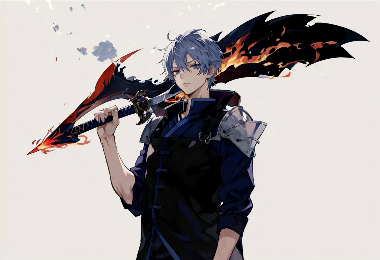 anime character with a sword and flame in his hand, 2d anime style, 2 d anime, by Shitao, shigenori soejima illustration, zerochan art, by Kamisaka Sekka, with leviathan ax, made with anime painter studio, Hero 2d Fanart Artsation, zerochan, anime character art, por Kamagurka