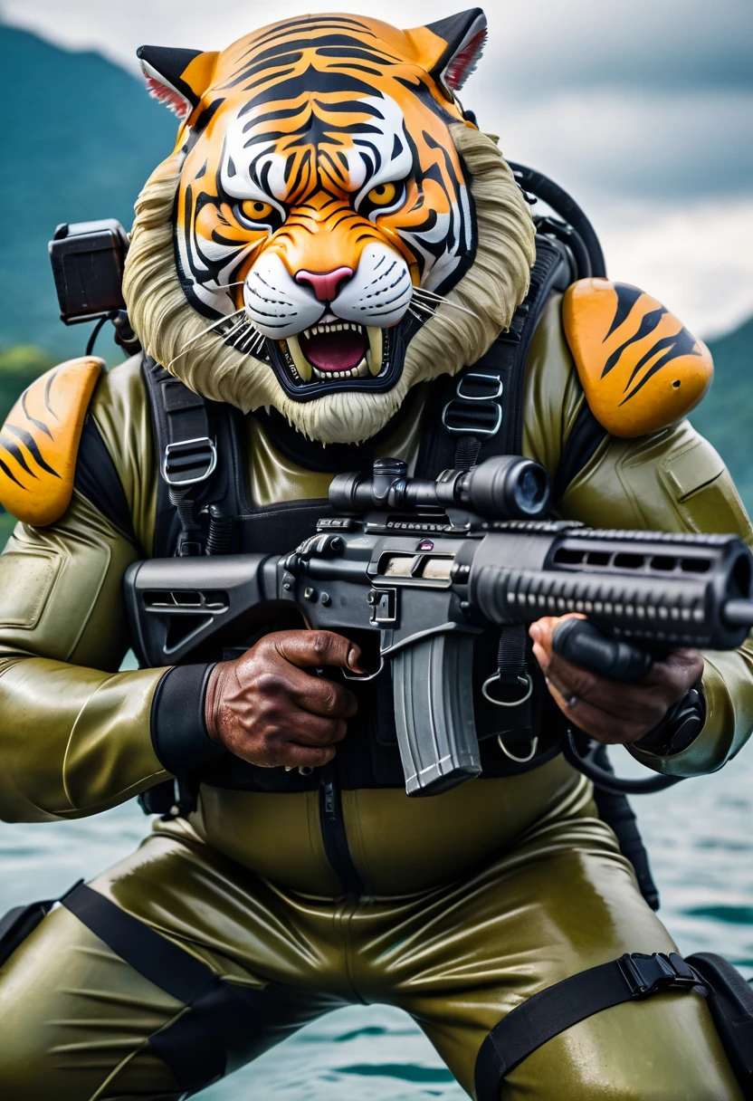 (a dark-skinned bearded fat muscular old man in a bulky army camouflage zipper diver suit) masturbating, thumbs up, carrying a gun, muscular, Bruce Onobrakpeya, sumatraism, stanley artgermm, action, heroic, fierce, smiling