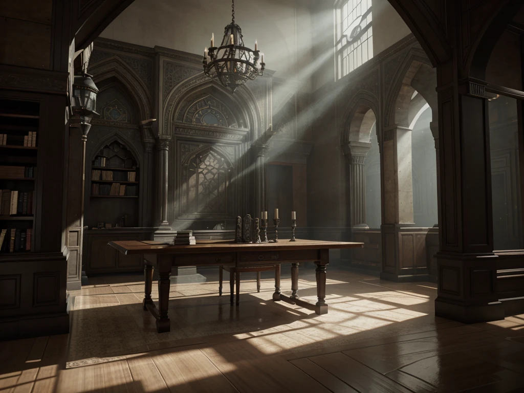 There is a table with a bunch of books and a camera, A detailed matte painting by artist Youssef Al-Howayek, Trending on polycount, Modernity, Interior cyberpunk mosque, Detailed cinematic shot, YouTube video screenshot, Video game screenshot>, dusty library, Unreal Engine 5 details, Cinematic screen capture for PS5, Introduced Unreal Engine 5, Unreal Engine 5 Introduction