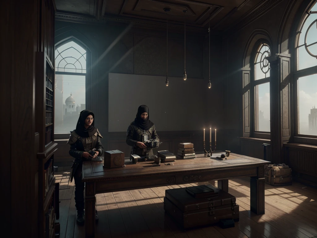 There is a table with a bunch of books and a camera, A detailed matte painting by artist Youssef Al-Howayek, Trending on polycount, Modernity, Interior cyberpunk mosque, Detailed cinematic shot, YouTube video screenshot, Video game screenshot>, dusty library, Unreal Engine 5 details, Cinematic screen capture for PS5, Introduced Unreal Engine 5, Unreal Engine 5 Introduction