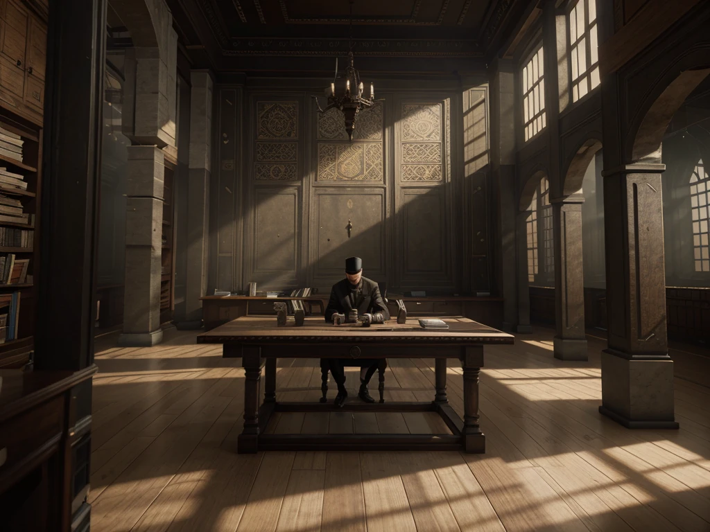 There is a table with a bunch of books and a camera, A detailed matte painting by artist Youssef Al-Howayek, Trending on polycount, Modernity, Interior cyberpunk mosque, Detailed cinematic shot, YouTube video screenshot, Video game screenshot>, dusty library, Unreal Engine 5 details, Cinematic screen capture for PS5, Introduced Unreal Engine 5, Unreal Engine 5 Introduction
