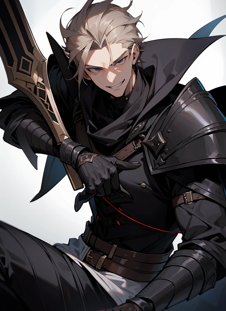 1 , handsome fashion hair,bronze hair highlightwhite, fanstasy, smile face, male ,fantasy, reaper, hunter with blackshortsword, villian face, black armor , darkness wolrd, bad, devil mask