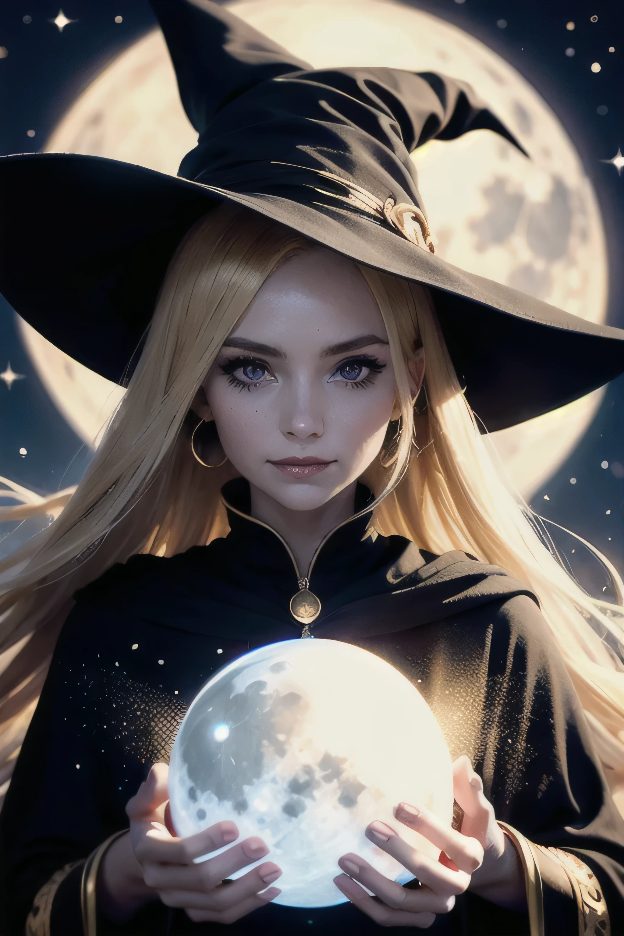 Highest quality,girl, (Elf:0.7) woman, witch，Pointed hat, Black Robe,Black eyes, Blonde,Shiny Hair,Beautiful Skin，
Portraiture, alone,Upper body close-up, Detailed Background,  A light smile, With a round crystal，A large golden full moon in the background, A fantastic atmosphere, Hair blowing in the wind,  (Style - Swirl Magic:0.8), Suspended particles, Backlight
