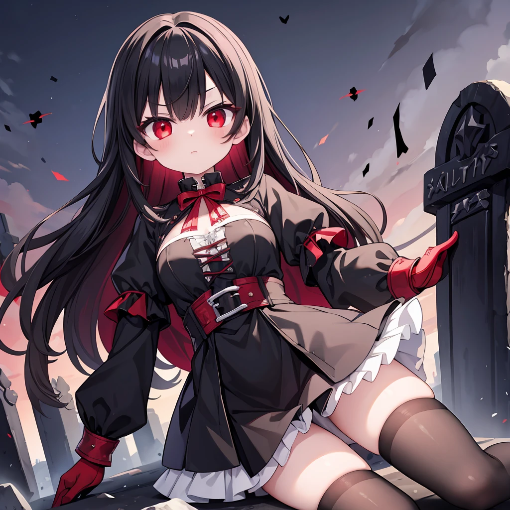 A cute ghostly girl, black hair, red eyes, black and red tattered clothing, black and red gloves, black stockings, cold stare, ripped clothing, medieval, graveyard background, ghostly red aura