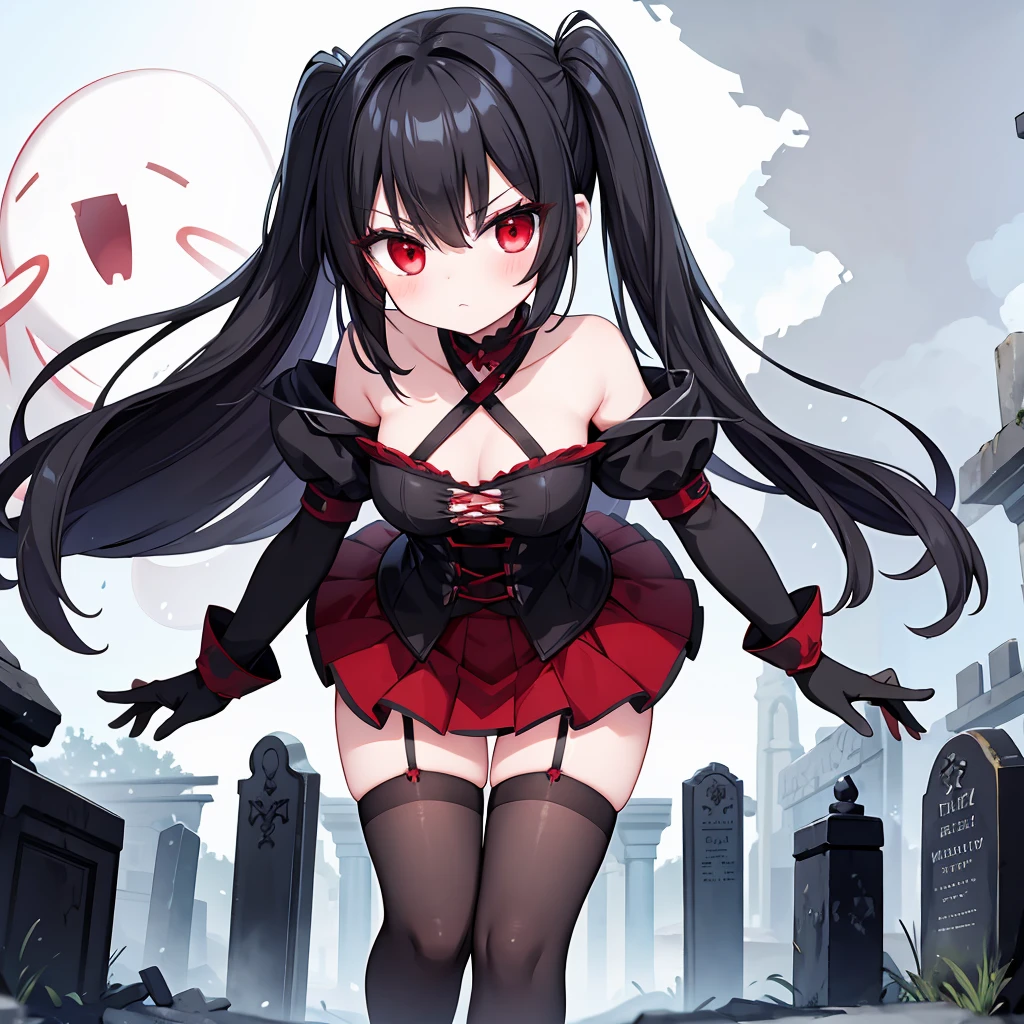 A cute ghostly girl, black hair, red eyes, black and red tattered clothing, black and red gloves, black stockings, cold stare, ripped clothing, medieval, graveyard background, ghostly red aura
