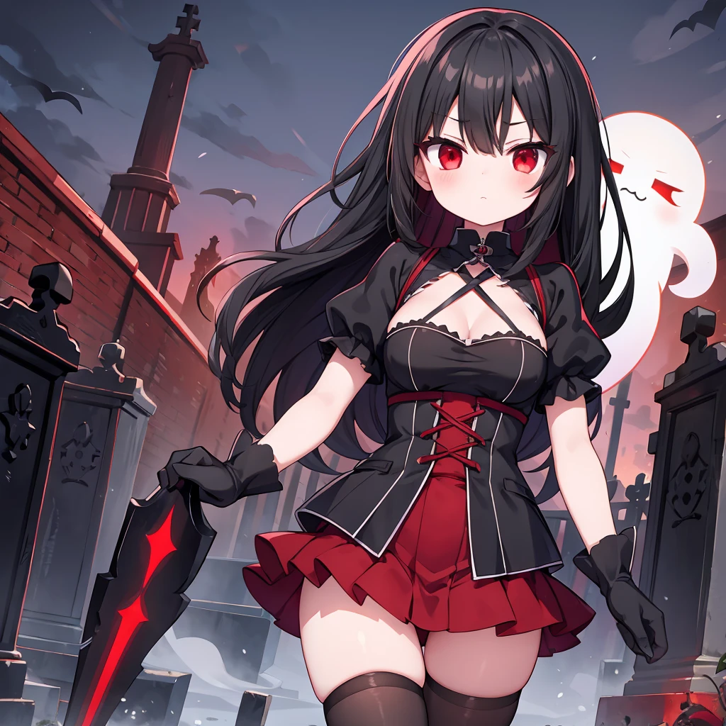 A cute ghostly girl, black hair, red eyes, black and red tattered clothing, black and red gloves, black stockings, cold stare, ripped clothing, medieval, graveyard background, ghostly red aura