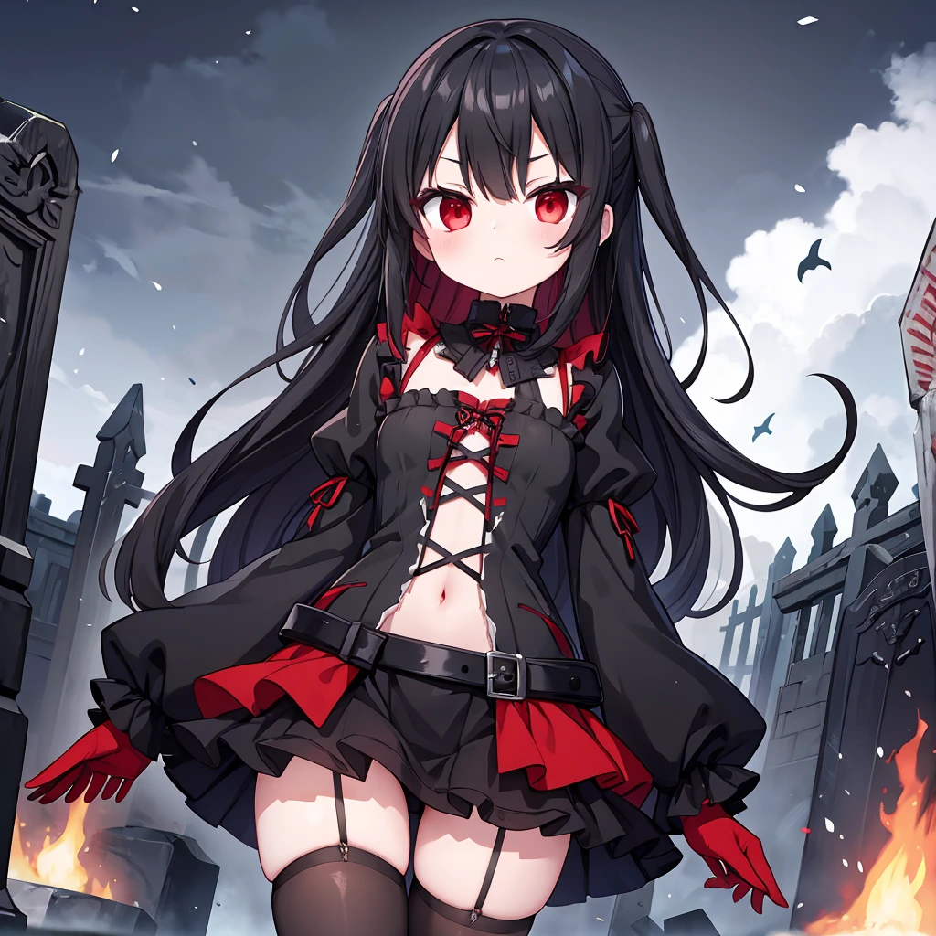 A cute ghostly girl, black hair, red eyes, black and red tattered clothing, black and red gloves, black stockings, cold stare, ripped clothing, medieval, graveyard background, ghostly red aura