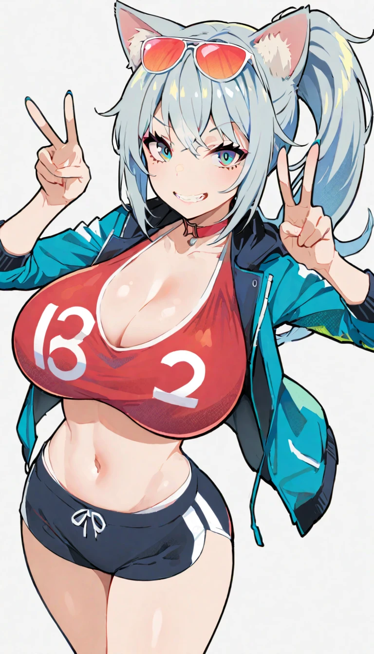 White and black bikini, number, woman in running shorts, 1girl, breasts, blue eyes, solo, animal ears, navel, V, big breasts, eyewear on head, ponytail, gray hair, jacket