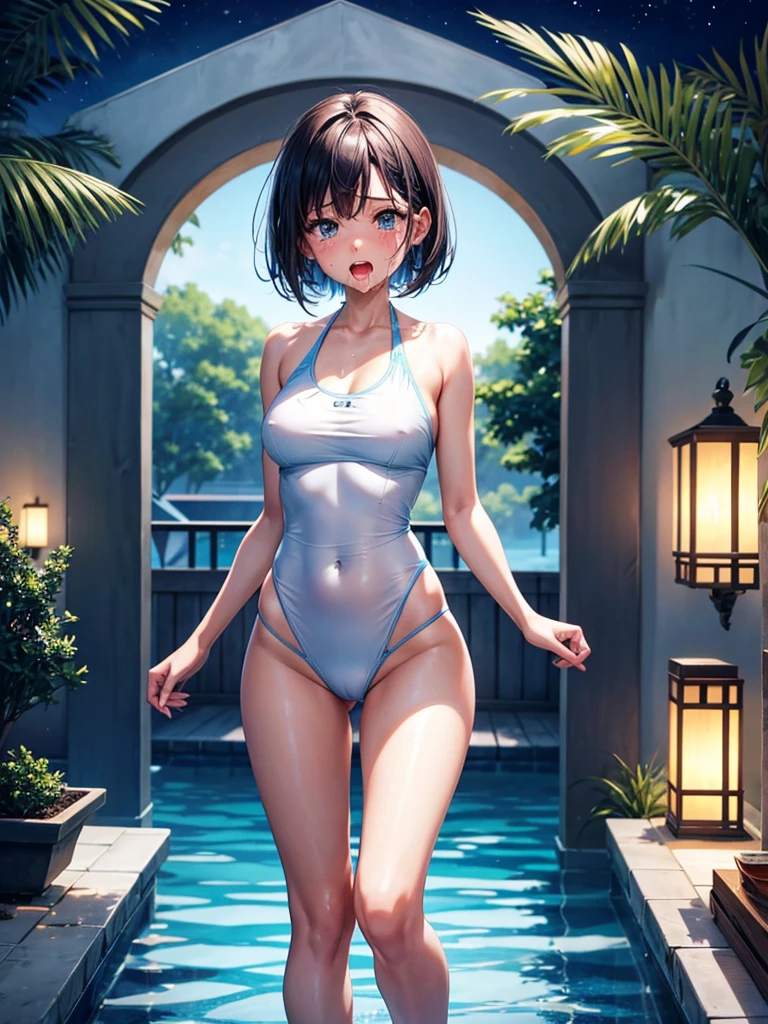 Highest Resolution,Highest quality,1People Girls,beautiful girl,Full body close-up,The body is frontal,looking at the camera,Standing posture,Crying face,Tears,Stringy saliva,Open your mouth,Sticking out tongue,Saliva,Tears overflow,Dripping a lot of saliva,Drooling,Swimsuits by the pool at ht,Nigview,High leg,Short Bob,