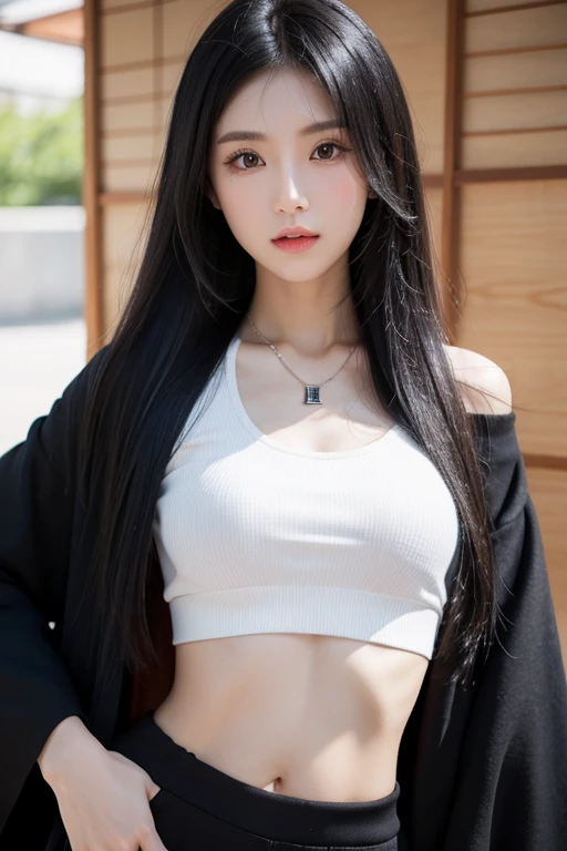 wearing crop top, trousers, long black hair, japanese girl, 8k, wearing necklace, slim stomach, japanese girl face, beautiful