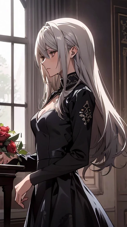 (Confused, High resolution, Very detailed), 1 female, Silver Hair,Long Hair,Reddish brown eyes,black long party dress,Formal wear,20th generation,Beautiful woman,talk,thin,quiet,Small breasts,Calm,Party Venue,black long sleeve dress