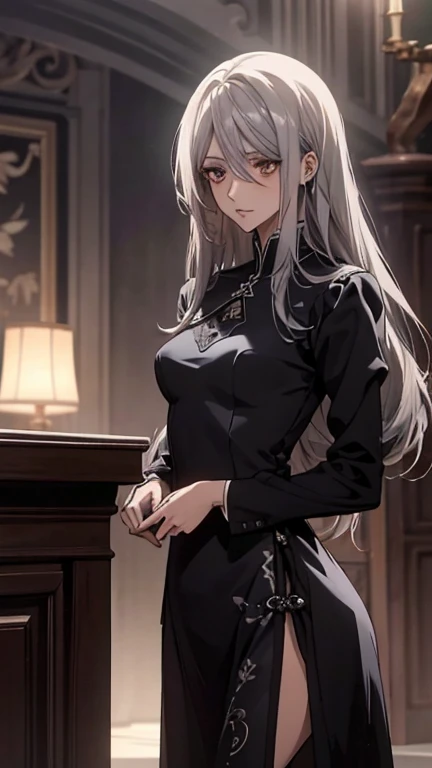(Confused, High resolution, Very detailed), 1 female, Silver Hair,Long Hair,Reddish brown eyes,black long party dress,Formal wear,20th generation,Beautiful woman,talk,thin,quiet,Small breasts,Calm,Party Venue,black long sleeve dress