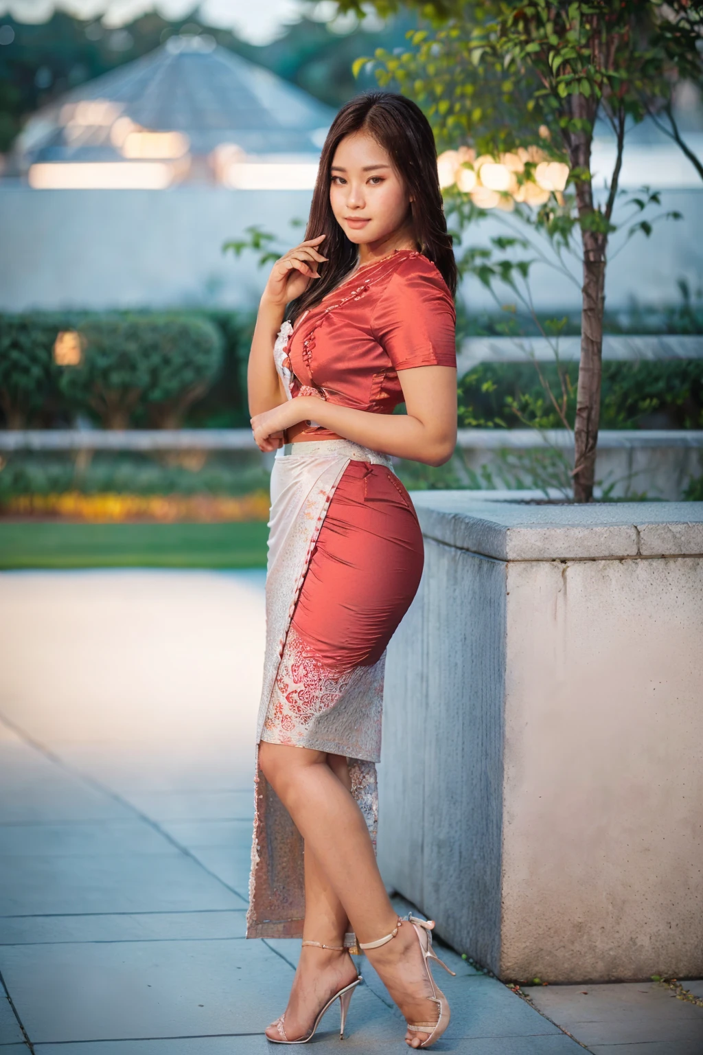 arafed asian woman in a satin dress standing in front of a crowd, (((full body view:2))), ((pretty lady MoonLay)), ((pretty lady MoonLay face:1.5)), ((((pretty lady MoonLay's innocent cute face and cute small smile)))), ((perfect pose for photography:1.4)), ((wearing Myanmar traditional elegant and stylish white and red affair:1.2)), ((super curvy and wide buttock)), ((white top dress:1.5)), ((red satin long skirt:1.5)), ((red satin color skirt:1.5)), ((blue sandal high heel)), south east asian with square face, traditional beauty, beautiful asian girl, anime thai girl, a young beautiful asian woman, (((photorealistic background))), ((cinematic quality, beautiful garden park with shimmering lake and stunning grand gaff house background:1.5)), (((DSLR cinematic bokeh blur background:1.5))), (((evening lighting with golden sunlight1.5))), (cinematic enhance vibrant HDR portrait lighting, perfect anatomy, cannon mark v, DSLR quality), (cinematic shadow and contrast), (perfect anatomy), (perfect toes), (realistic hand shape), (perfect hands), (detailed hands), (perfect toes), (detailed toes), (perfect high heel),