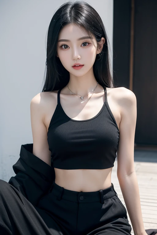 wearing crop top, trousers, long black hair, japanese girl, 8k, wearing necklace, slim stomach, japanese girl face, beautiful