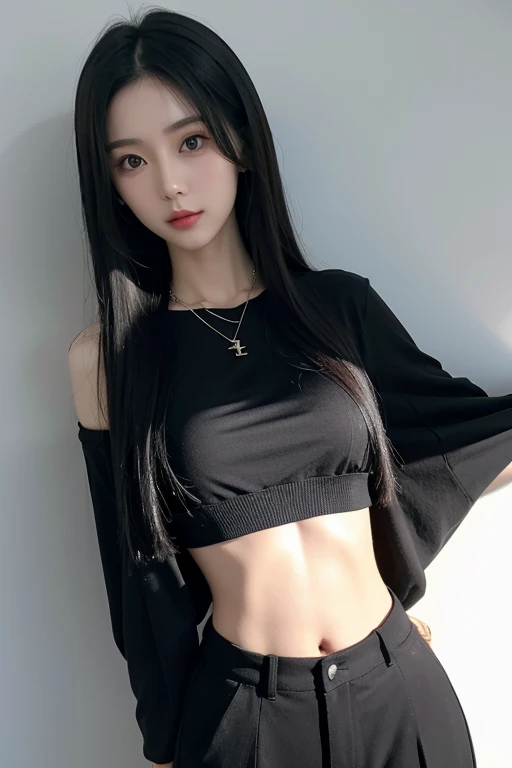 wearing crop top, trousers, long black hair, japanese girl, 8k, wearing necklace, slim stomach, japanese girl face, beautiful