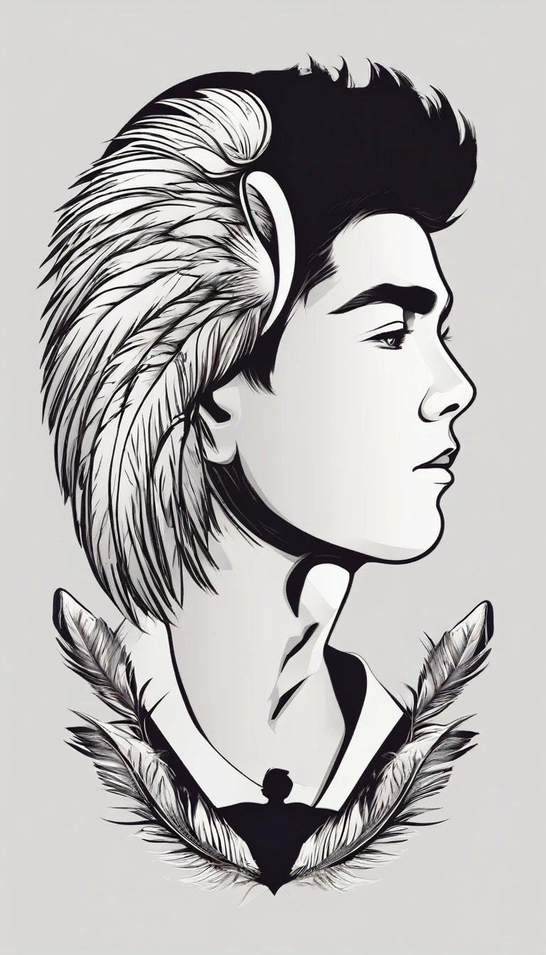 A minimal, modern, simple, cinematic logo design e of a boy with a head full of feathers for the brand “Penamemoria" .