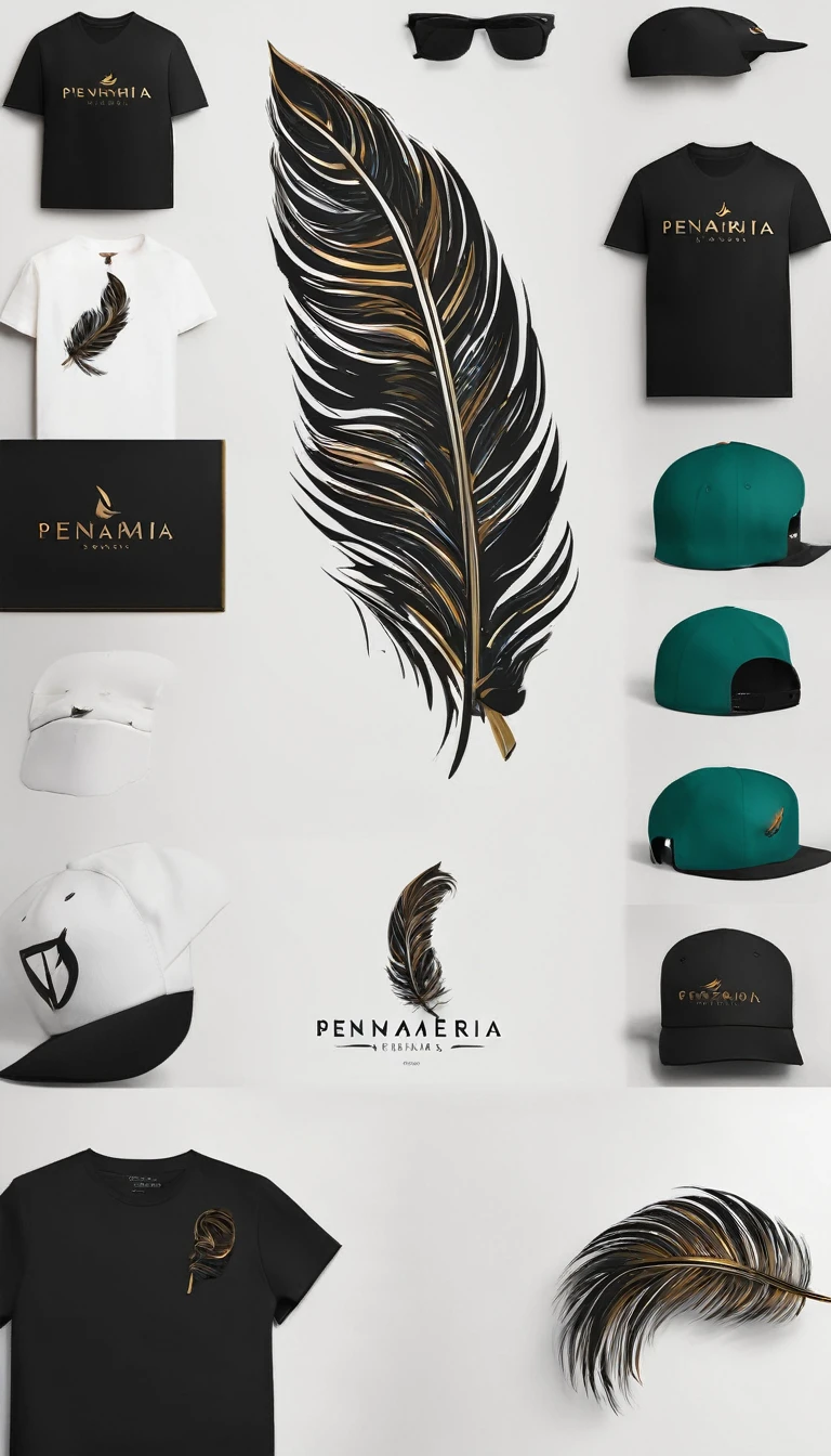 A minimal, modern, simple, cinematic logo design e of a boy with a head full of feathers for the brand “Penamemoria" .