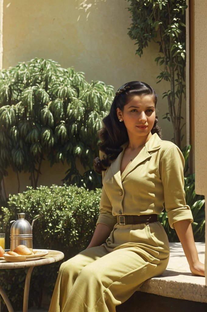 Palestine, 1946. portrait of A young ((((35-year-old)) Sira Quiroga)), beautiful, skinny, sitting in a luxurious hotel patio, having breakfast, ((((clothings from the 1940s)))), ((hairstyle of the 1940s)), ((colorful, Monet))