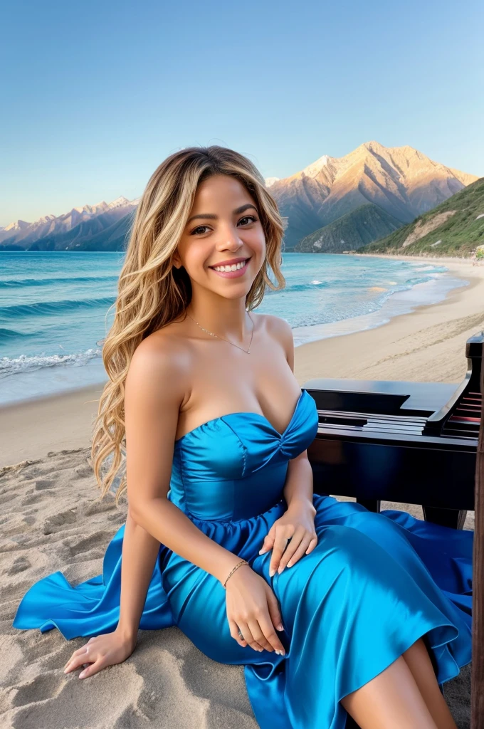 Beautiful Shakira, smiling happily, wearing blue silk strapless dress, playing piano, on the beach, mountains in the distance