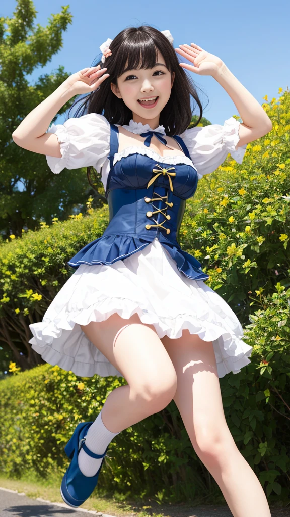 Highest quality、 High resolution、 Perfect detail、 Beautiful and cute girl、 Laughter、 maikurobiki、 Long and beautiful legs、 (Raise your hand:1.2)、(Jump:1.1)、(Underbust:1.3)