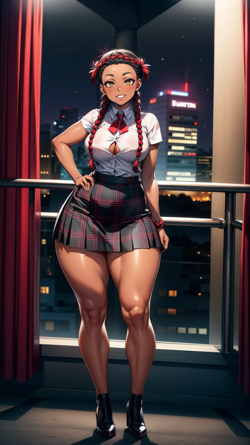 4K Quality, grinning, sexy pose, (full black plaid skirt), standing up, ((black and red braids)), (dark skinned), thick thighs, big breasted, big ass, looking at viewer, amber eyes, night time, bedroom eyes, full body, city background, perfect face, perfect body, perfect eyes, full lips,