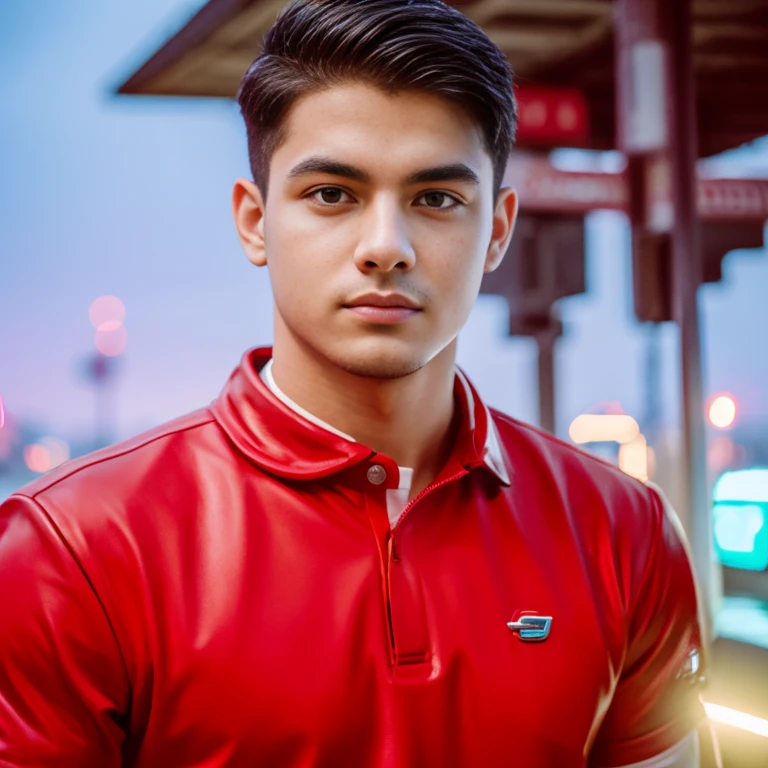 Aarav man, 25 years old, short black haircut, standing in the middle of the road., Hero Moves, standing next to car, Nissan 350z middle shot, The promotion is still on., The promotion is still on., Zach Retz, Shot with canon eos r5, Shot with canon eos r5, moody movie lighting, Rafael Pernaz, Photo Editor, Alexander Rostov, Still from Riverdale, Portrait 8 k, cyberpunk noir, ultra realistic, neon, photography model, raw image, dsrl, neon signs, purple, light blue, red