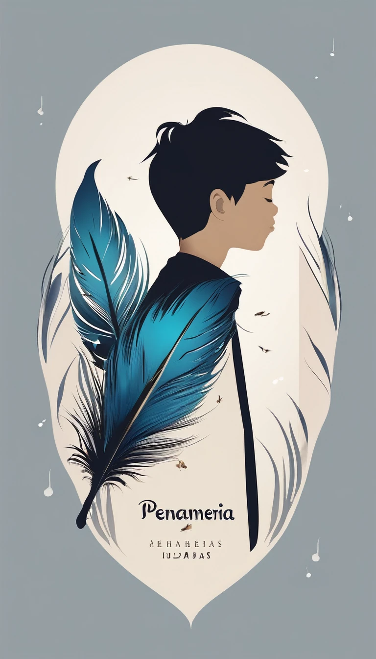 A minimalist, fantastic, poetic, dreamy, captivating, memorable, masterpiece, modern, simple logo design of a boy and a feather for the brand “Penamemoria". The logo must convey a sense of music, stories and dreams. Minimalistic logo design of a boy and a feather.