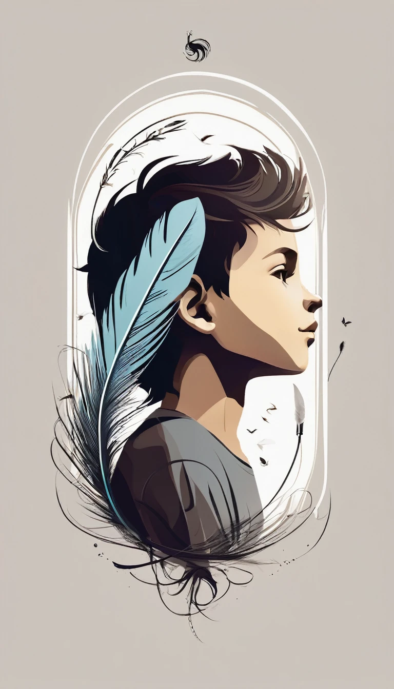 A minimalist, fantastic, poetic, dreamy, captivating, memorable, masterpiece, modern, simple logo design of a boy and a feather for the brand “Penamemoria". The logo must convey a sense of music, stories and dreams. Minimalistic logo design of a boy and a feather.