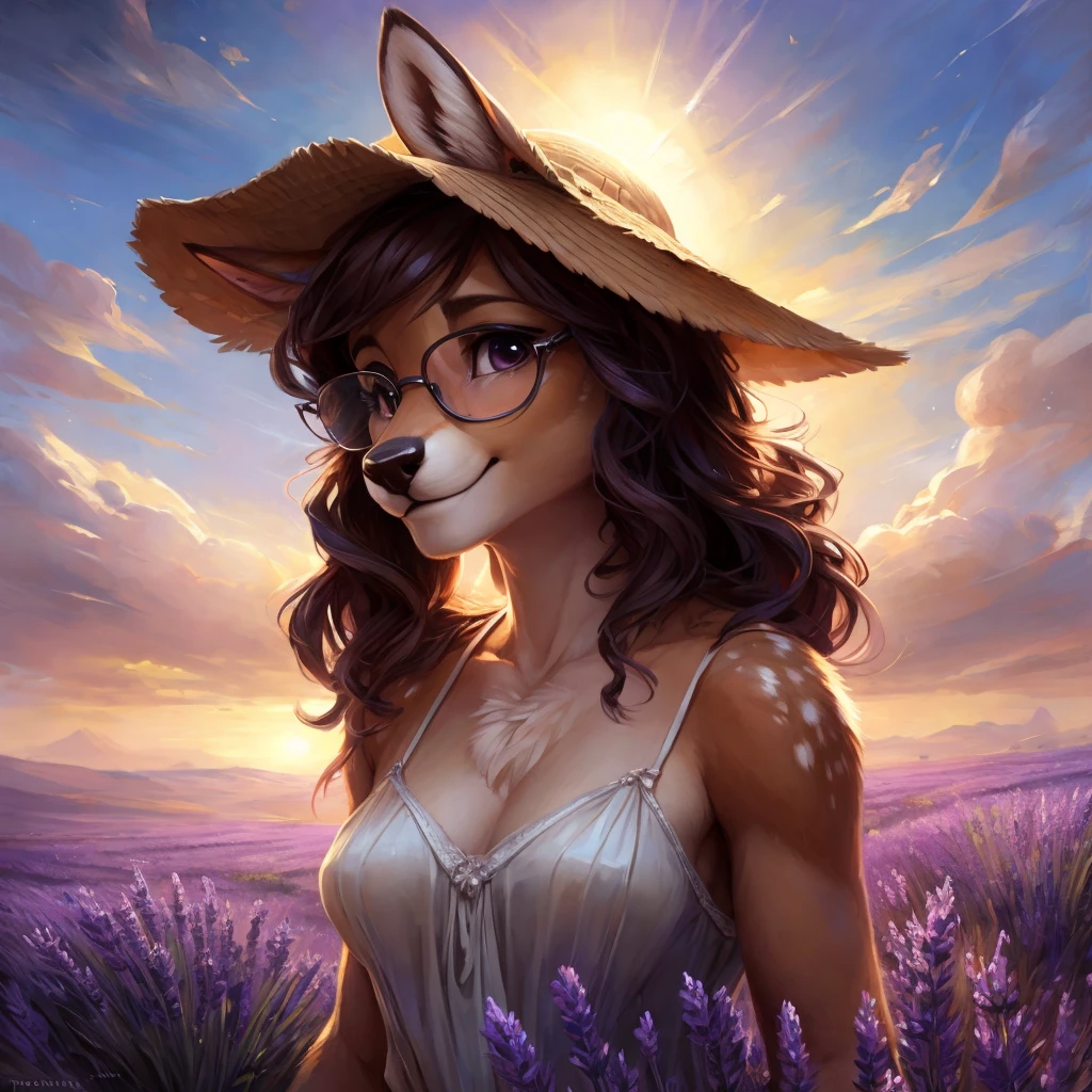 uploaded on e621, by Pixelsketcher, by Bayard Wu, by Thomas Benjamin Kennington , by Einshelm, by hioshiru and kenket, Chunie, portrait, solo anthro female deer doe, with small featureless breasts, clear dark blue, cinematic lighting, day, sunny day, lavender field, stays in a lavender field, lavender field background, mediterranean background, horizon background, shiny, short curly dark brown hair, wears big black nerd glasses, very very beautiful furry art, furry art, smiling, joyful, shiny, happy, feminine, cute face, muzzle, fluffy chest, flawless face, Fallow deer, 1girl, Sakimichan is beautiful, Masterpiece, Wavethesallow Face, shiny, Detailed image, portrait, Detailed image, portrait, full body, wearing pure white and wide spaghetti straps dress, wearing big and wide beige summer straw hat, shiny, realistic face, perfect anatomy, hourglass body, (furry body:1.1), anthropomorphic deer, looks at the viewer, small fluffy tail, detailed background, (cute anatomy:1.1), stands in a lavender field
