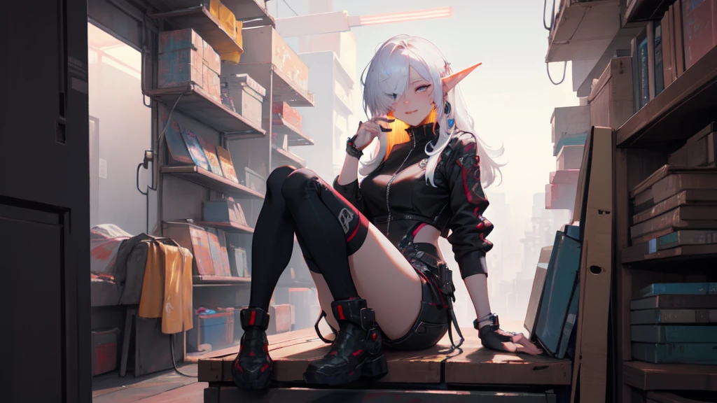 ((​masterpiece )), (top quality), (best quality), ((Ultra-detail, 8K quality)), aesthetics, cinematic lighting, (detailed line art), beautiful digital artwork, exquisite digitale Illustration, most absurd, (best composition), (high resolution), 
romper,
Portrait of a beauty fairy, Cyberpunk Techwear Streetwear Look and Clothing, We can see them from the feet to the head, very detailed and complicated, golden ratio, Beautiful bright colors, futuristic, cyberpunk setting, Cyberpunk style, (sitting in the library), Viewers look at, artstation, conceptual art, Cyberpunk style illustration by Yoji Shinkawa, By Haruhiko Mikimoto, 
romper,
very detailed by (elf), (1 girl), alone, perfect face, Details Eye, cyber_mark, facial spot, Ahoge, ((Long hair:1.2)), (Hair over one eye:1.3), [[tousled hair]], (Blonde white hair, multi-colored hair), yellow  eyes, multi-color eyes,  glowing eyes, Smart students, (eyelashes, eyeshadows, pink eyeshadows), smile, design art By Haruhiko Mikimoto, by kawacy, By Yoshitaka Amano,
romper, 
((perfect anatomy)), beautiful body, Mid Chest, (Extremely detailed fingers), (best hands), perfect face, pretty face, beautiful eyes, perfect eyes, (perfect fingers), (perfect legs), correct anatomy,