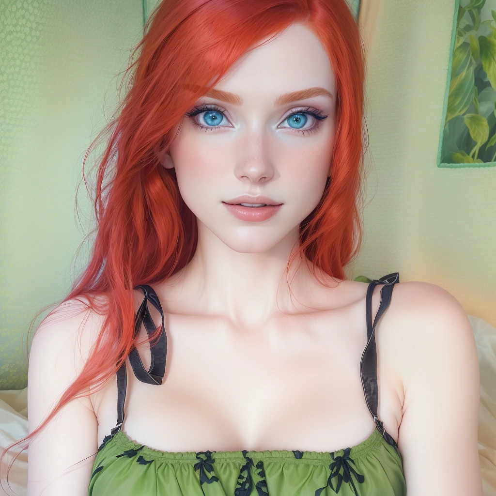 there is a woman with red hair and blue eyes posing for a picture, amouranth, better known as amouranth, young beautiful amouranth, redhead girl, with pale skin, red head, smooth red skin, with red hair and green eyes, very very realistic, very very very realistic, brilliantly colored, very realistic looking, very realistic