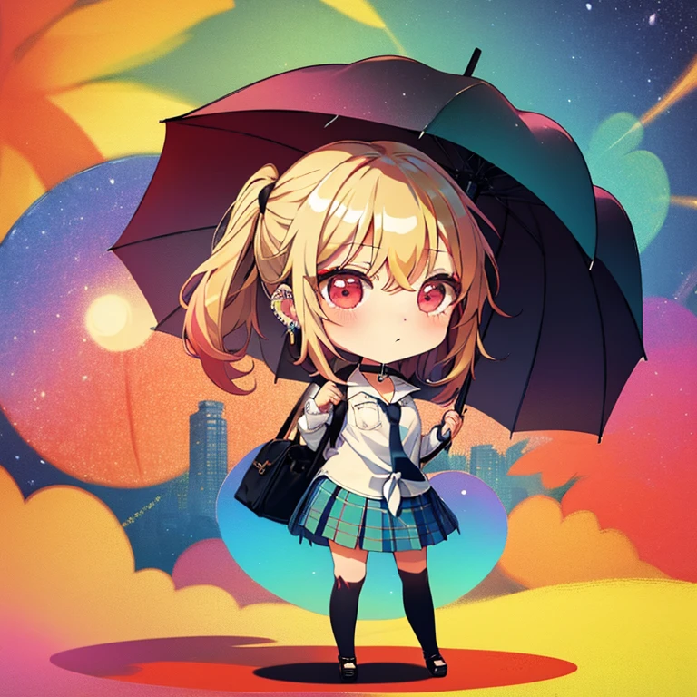  Person with an Umbrella, (chibi:1.5), full body, (masterpiece), highest quality, kitagawa marin, 1girl, blonde hair, long hair, multicolored hair, red eyes, jewelry, earrings, piercing, white shirt, tied shirt, black choker, blue necktie, plaid skirt