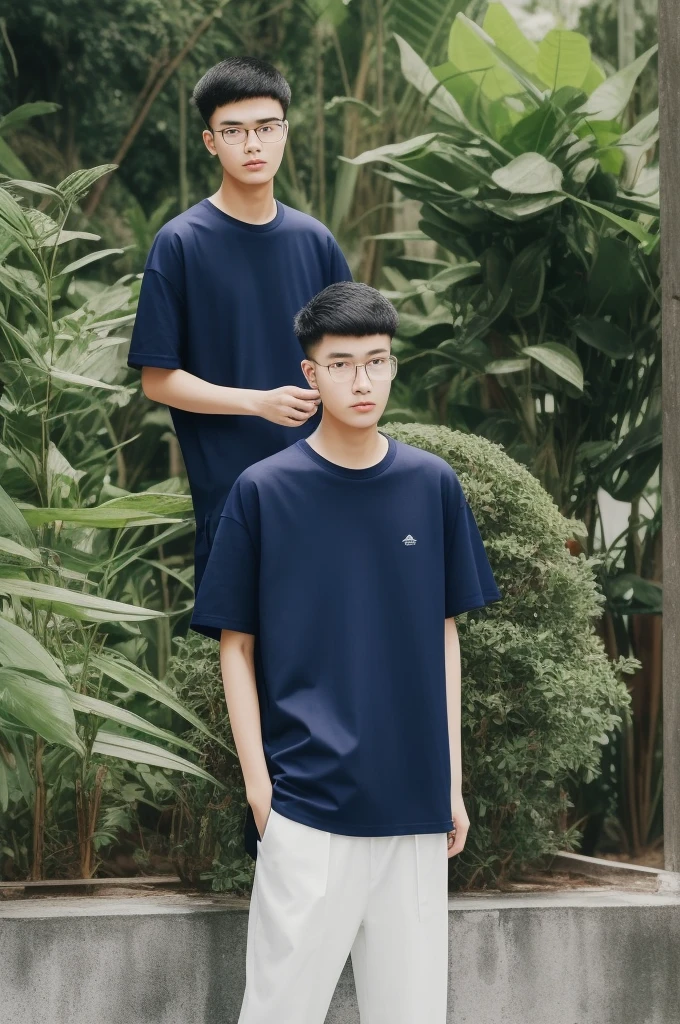 21 year old Guangzhou boy, he is wearing a oversize xxl blue plain t-shirt, he is wearing black trousers, he is wearing sneakers, he is wearing glasses, garden, full body,  he is buzz cut Hair, foot, walking 